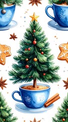 Festive evergreen tree in a blue cup with ornaments and spices.
