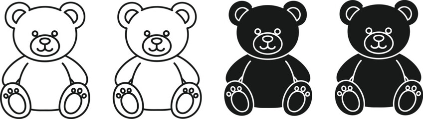 Four teddy bear illustrations in black and white outlines