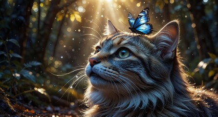 a beautiful long-haired tabby cat looks up as a vibrant blue butterfly rests on its head in a sun-dappled forest.