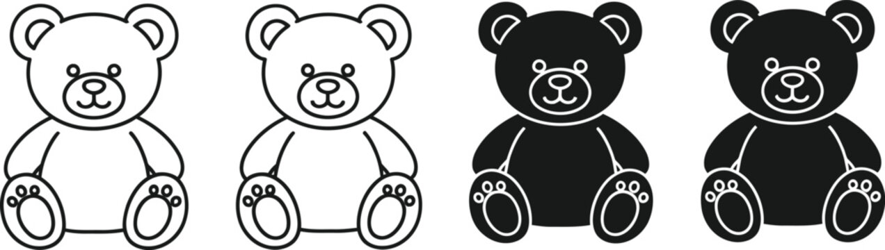 Four teddy bear illustrations in black and white outlines
