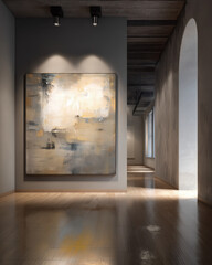 Bright modern gallery loft with concrete ceiling, large abstract painting, steel-frame windows and polished wood floor