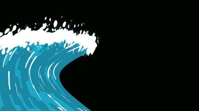 Blue ocean wave curling towards shore, Smooth animated ocean waves splashing playfully,animated background with a bright hand-drawn wave, black screen ocean wave, waves crashing rhythmically