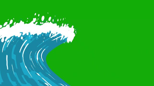 Blue ocean wave curling towards shore, Smooth animated ocean waves splashing playfully,animated background with a bright hand-drawn wave, green screen ocean wave, waves crashing rhythmically