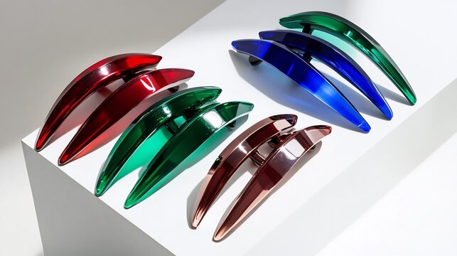 Large claw style hair clips bold shades like emerald green ruby red and sapphire blue arranged on a modern white surface ideal for making a statement in everyday fashion