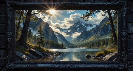 Obraz premium majestic mountain lake landscape with vibrant forest and dramatic sunlight in ornate frame