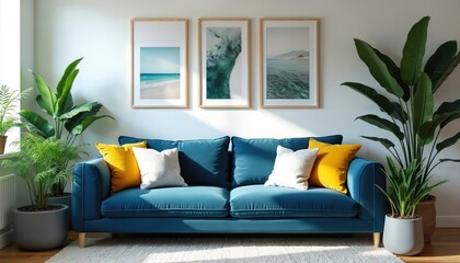Naklejka premium Stylish living room with blue sofa yellow pillows green plants and framed wall art. Interior design features natural light creating cozy atmosphere. Home decor showcases modern comfort and relaxation.
