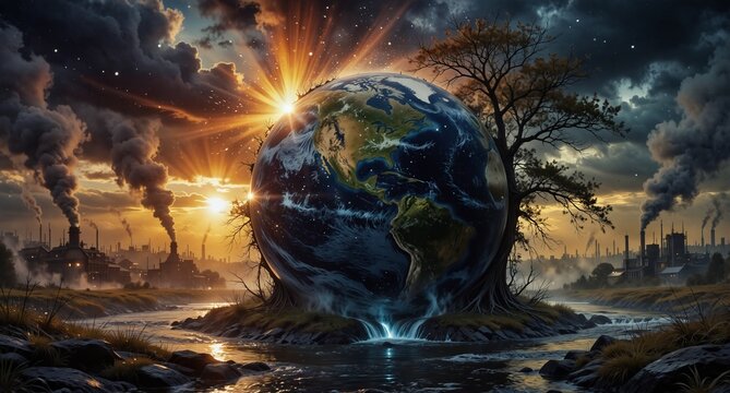 endangered earth: a dramatic view of our planet transforming into a tree with industrial pollution in the background.