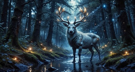 majestic white stag with glowing antlers stands in a mystical forest stream surrounded by fireflies.