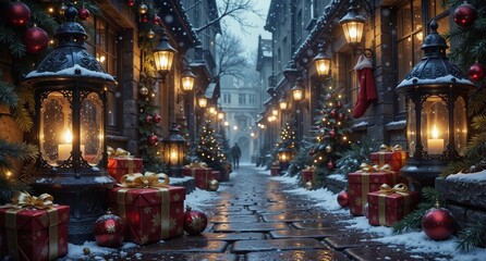 festive european cobblestone street decorated for christmas with glowing lanterns and gift boxes.