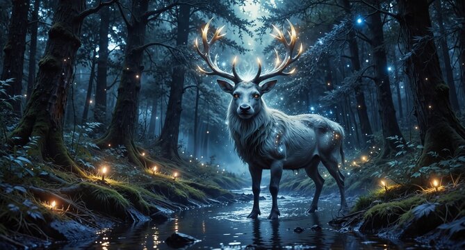 majestic white stag with glowing antlers stands in a mystical forest stream surrounded by fireflies. - Powered by Adobe
