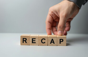 Hand arranges wooden blocks spelling Recap. This represents summarizing information, reviewing past events, or concluding a process. Useful for business reports or educational summaries.