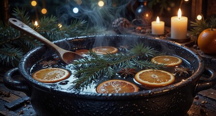 cozy winter potpourri with oranges, anise, and evergreens, warm candlelight and rustic holiday scene.