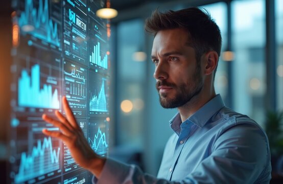 Businessman uses futuristic touch screen showing graphs, data. Man analyzes financial charts, market trends on digital display. Tech pro works with business intelligence dashboard, planning future