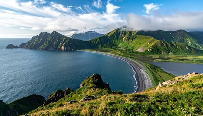 Expansive coastal scene. Green mountains meet the sea. A dark beach stretches into the distance, with cloudy skies overhead