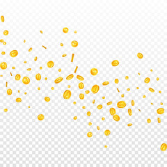 American dollar coins falling. Scattered gold USD