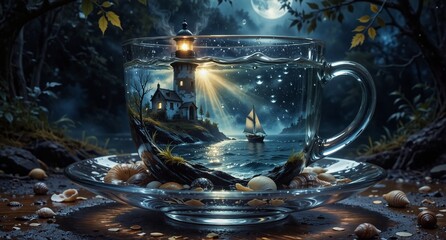 magical lighthouse seascape inside a clear teacup with seashells and dreamy moonlight background.