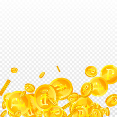 Russian ruble coins falling. Scattered gold RUB
