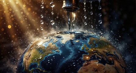 water scarcity concept with earth globe and dripping faucet, symbolizing resource depletion and environmental concerns.