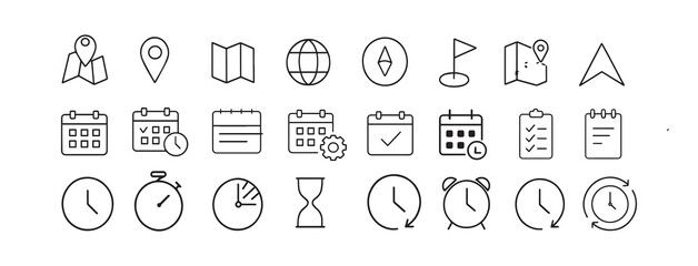 Location, Time, and Calendar Line Icons Set - Navigation, Schedule, and Planning Symbols
