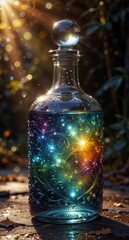 magical glass bottle filled with colorful galaxy and stars on a wet stone surface, fantasy potion concept.