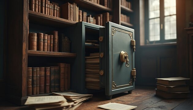 Antique safe sits open on wooden floor amidst books and documents. A hidden vault stores wealth, papers, and valuables in a library setting. Concealed security protects important assets.