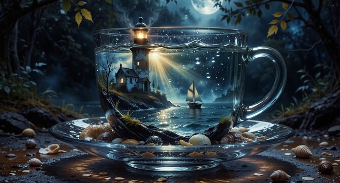 magical lighthouse seascape inside a clear teacup with seashells and dreamy moonlight background. - Powered by Adobe