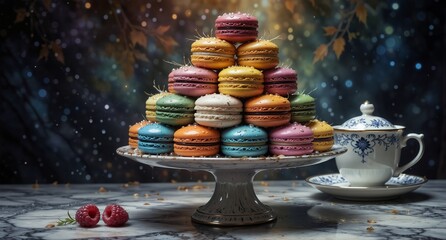 colorful macaron tower with raspberry and vintage teacup on marble surface, festive dessert presentation.