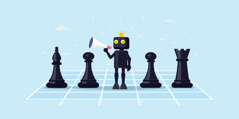Robot king announcing chess strategy with megaphone on chessboard