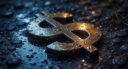 wet dollar sign on dark wet pavement with bokeh lights, financial concept, macro shot.