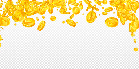 British pound coins falling. Scattered gold GBP