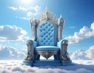 Ornate throne rests upon clouds under a bright sky.