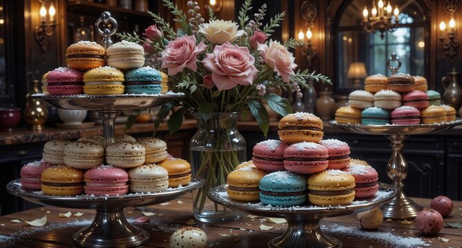 colorful macaron pastries displayed on elegant silver stands with a fresh floral arrangement in a cozy cafe setting.