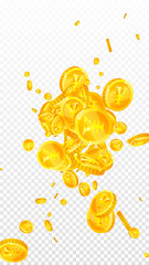 Chinese yuan coins falling. Scattered gold CNY