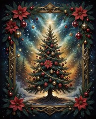 magical christmas tree with ornaments and poinsettias against a starry night sky in an ornate frame.
