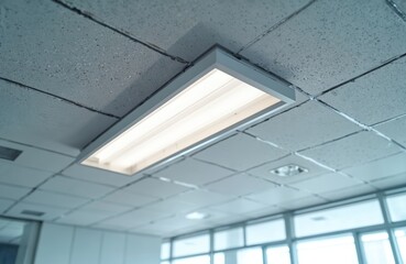 Fluorescent light fixture illuminates office ceiling made of acoustic tiles. Grid pattern squares with modern lighting create clean interior backdrop. Bright geometric shapes indoors.