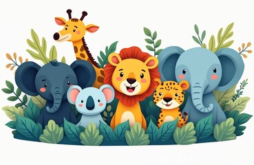 Naklejka premium Cute cartoon animals safari theme with giraffe elephant lion koala leopard and foliage. Playful characters create joy for kids decor prints greeting cards invitations and storybooks.