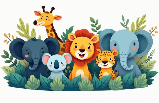 Cute cartoon animals safari theme with giraffe elephant lion koala leopard and foliage. Playful characters create joy for kids decor prints greeting cards invitations and storybooks.