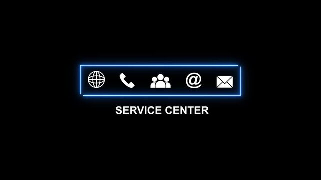 Service Center Icons Globe Phone People Email Envelope with Neon Blue Border contact communication