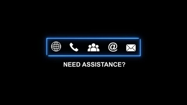 Need Assistance Icons Globe Phone People Email Envelope with Neon Blue Border help support