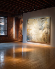 Bright modern gallery loft with concrete ceiling, large abstract painting, steel-frame windows and polished wood floor