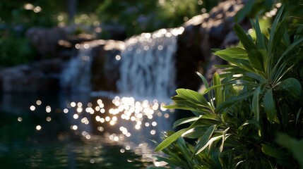 Waterfall flowing gently with bright reflections during a sunny afternoon in a lush garden