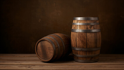 Rustic wooden barrels on a wooden table, perfect for a vintage background