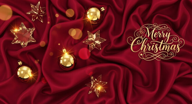 Luxurious Christmas Background with Golden Merry Christmas Text on Rich Red Satin Fabric, Featuring Shiny Glass Ornaments, Baubles, and Crystal Stars with Bokeh Effect