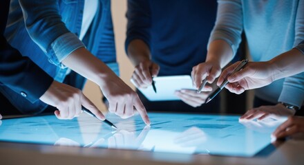 Team collaborating around a glowing interactive digital display table