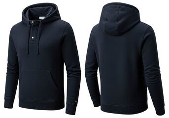 Front and back view of a dark navy blue mens hooded sweatshirt with henley placket, isolated on transparent background
