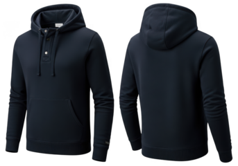 Front and back view of a dark navy blue mens hooded sweatshirt with henley placket, isolated on transparent background