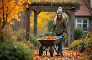 Woman gardener pushes wheelbarrow full of autumn leaves near wooden pergola. Seasonal garden cleanup in rural countryside residential yard. Natural country living lifestyle.