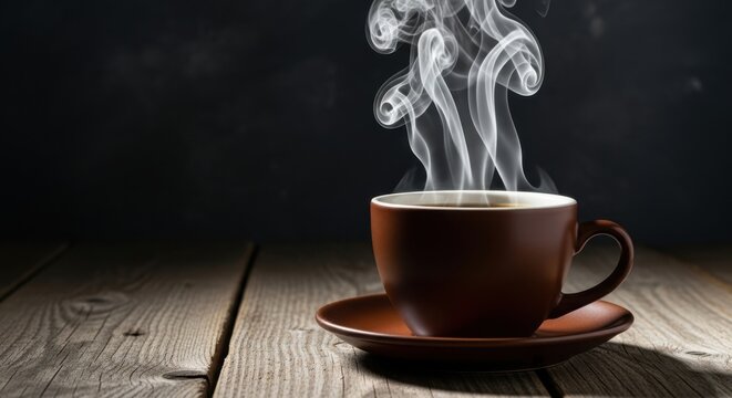 Steaming hot coffee in a dark ceramic mug on a wooden table