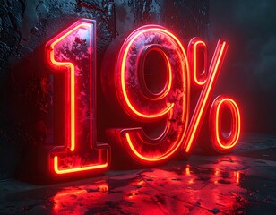 Illuminated 3D rendering of the numbers '19%' with a neon-like glow against a textured, dark backdrop, reflecting the light