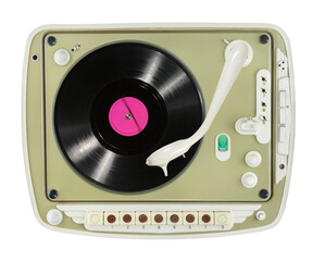 Old vinyl record spinning and plays on old turntable player